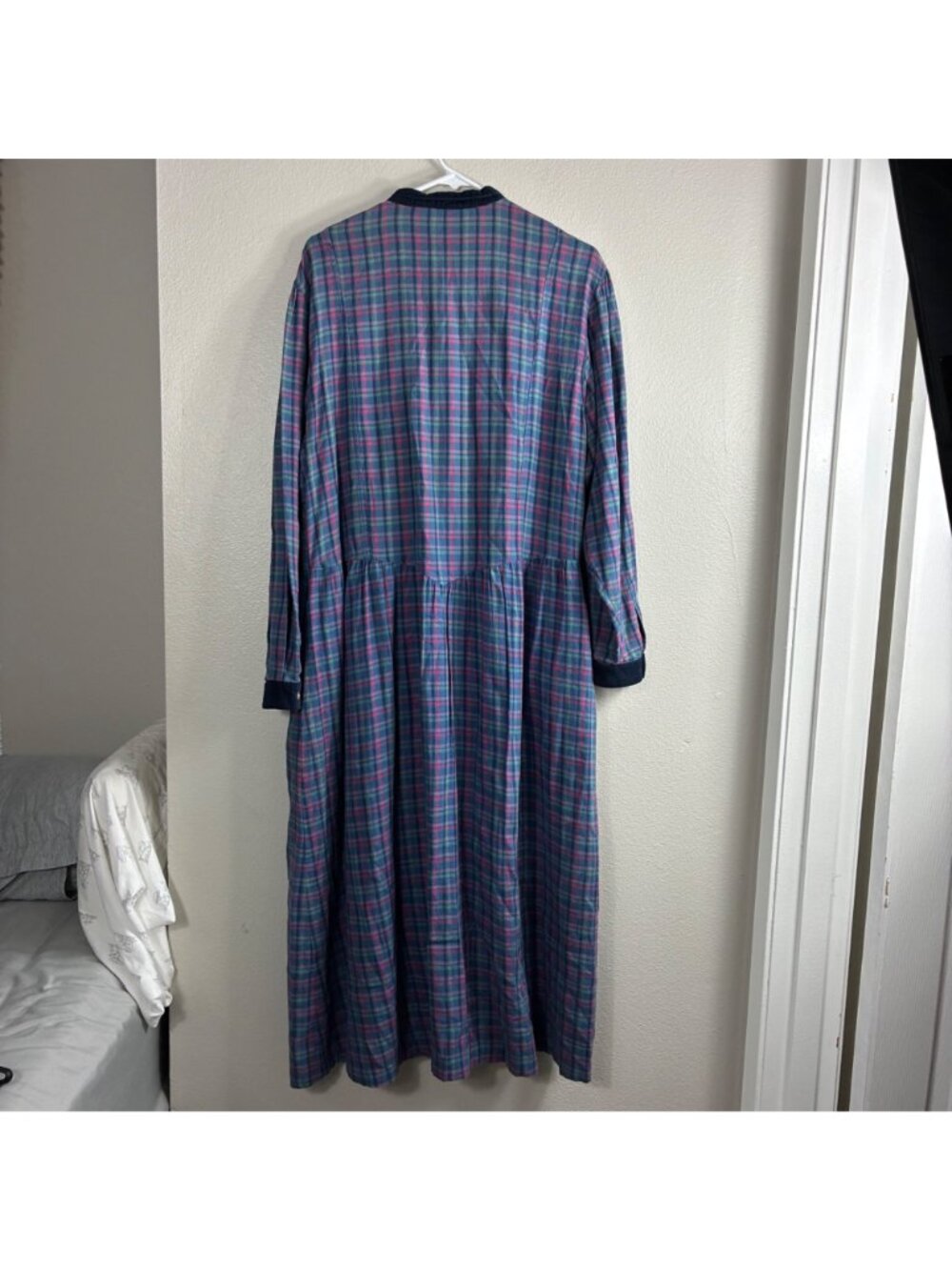 VTG 90s Eddie Bauer Flannel Dress L Blue Plaid Maxi Prairie Corduroy Grunge - Picture 9 of 10